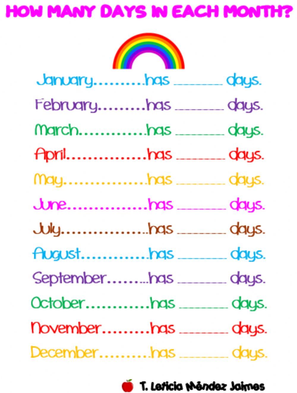 How many days in each month worksheet  Learning worksheets Days in 