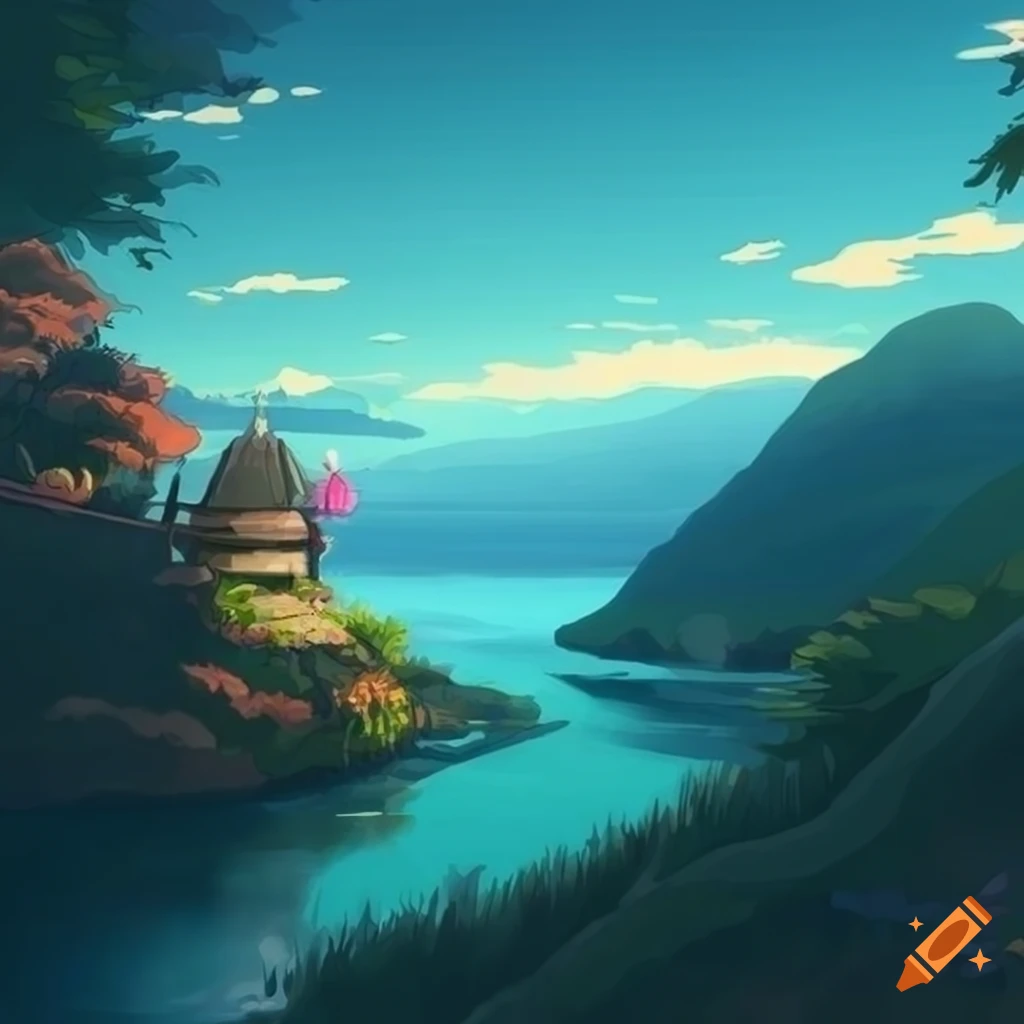 Ghiblistyle landscape wallpaper for ipad in landscape mode on Craiyon
